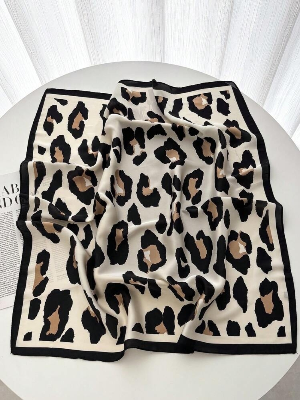 Silk-feel Leopard Print Square Scarf - Black, Tan & Cream 70*70cm